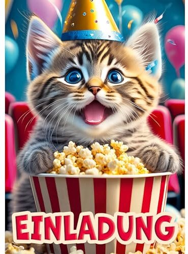 Moosthaler Kino Katze Einladungskarten Kindergeburtstag Mädchen | Perfekt für Kino- oder Filmabend, Süße Katze, Kino Einladungskarten