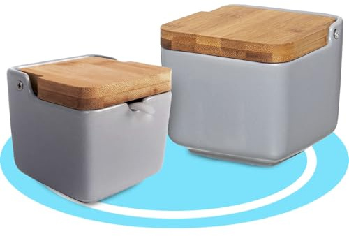 Dekohome Salero y Azucarero de Cerámica con Tapa Madera para Cocina, Recipiente para Especias y Aliños, Gris