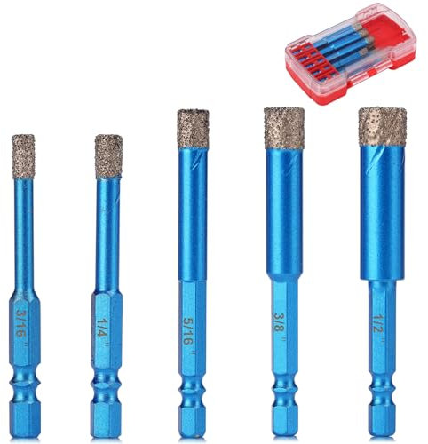 FASTVENIENT Diamond Drill Bits Set,5pcs Tile Hole Saw,Diamond Hole Saw Size(3/16”,1/4”, 5/16” 3/8”, 1/2”),1/4 Inch Hex Shank for Glass,Ceramic,Porcelain,Tiles,Marble Brick,Granite,Quartz Pots,Acrylic