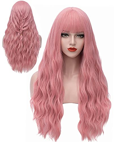 Perücke Rosa Damen Lang Locken für Frauen mit Pony Natürlich Wig Kostümparty Halloween Karneval Kunsthaar Perücken VD132E