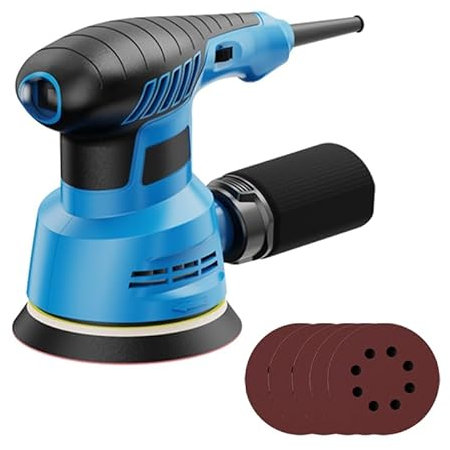 Lijadora Orbital Eléctrica, 500W Lijadora Orbital Aleatoria, con 6 Velocidades Varias 5000-12000RPM, 125mm Lijadora de Palma con 100PCS Papeles de lija, 1 bote de polvo, Apto para...
