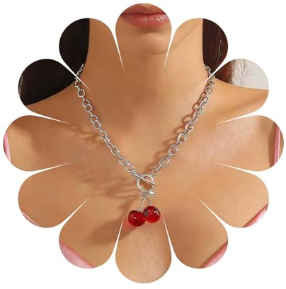 Cybche Boho Kirsche Anhänger Halskette Rote Kirsche Halskette Silber Büroklammer Kette Choker Halskette Kirsche Obst Halskette Kippverschluss Kette Halskette Schmuck Für Frauen