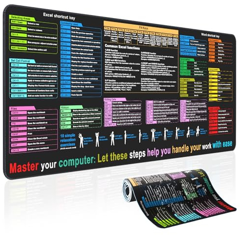 Excel Cheat Sheet Desk pad—Contains 12 Types of Common Skills in Excel and Word|Large XL Size（31.5 * 11.8 inch）|Desk mat for Keyboard and Mouse|Work、Study、Gaming Mouse pad|Waterproof、Anti-Slip