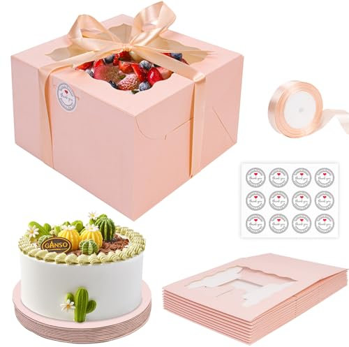 KOMABLEN Scatola per Torta 20,3 x 20,3 x 12,7 cm, 10 Pezzi Scatole per Dolci in Cartone, Scatole per Torte con Finestra Vassoi, Porta Torta Cartone con Adesivi e Nastro per L'imballaggio Dessert