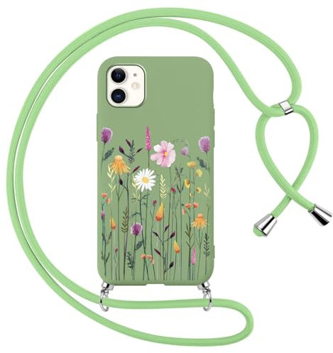 Vxinvnoi Handykette Handyhülle für iPhone 12/iPhone 12 Pro 6,1 Hülle mit Band, Aesthetic Blumen Muster Kordel zum Umhängen Case, Silikon Weich Dünn TPU Stoßfest Schutzhülle Cover für iPhone 12, Grün