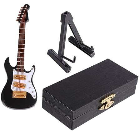 Warmhm Mini Guitare Ornementale Électrique Noire en Plastique avec Boîte, Décoration Miniature Artisanale pour Bureau ou Maison, Présent Anniversaire