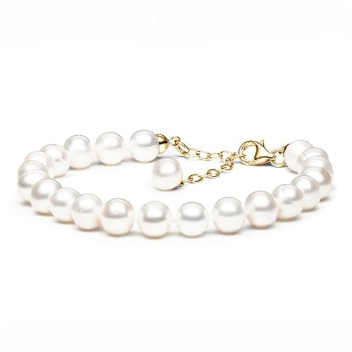 Gaura Perlenarmband Damen – Weiße Süßwasserperlen 8–9 mm • 19–22 cm variabel • 585 Gelbgold-plattierter 925 Silber Verschluss • Klassischer Damenschmuck & Geschenk