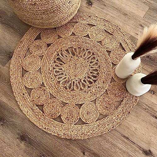 Rita Rugs Home Demeter Runder Teppich, 100% natürliche Jute, künstlerische handgewebte runde Teppiche für Küche, Wohnzimmer, Schlafzimmer, Badezimmer, Bauernhaus – 90 cm rund, 90 cm x 90 cm