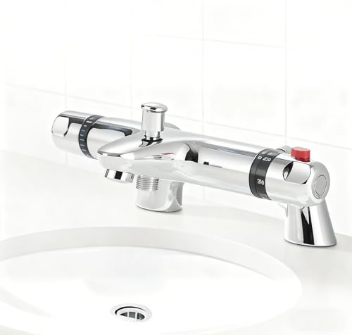 Thermostatic Bath Shower Mixer Tap Mounted Bath Mixer Tap Bar with Bathtub Filler Spout, 38°C Anti-Scald Safety Lock Deck Temperature Control Solid Brass Construction Chrome Finished