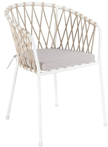 LOLAhome Silla de Jardín Myra de Acero y Cuerda Trenzada Color Blanco, 52x51x80 cm, Cojín Incluido, Ergonómica, Patas Desmontables Uso Exterior