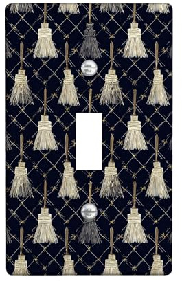 Halloween Broomstick Light Switch Cover Plate/Outlet Covers, Black and Gold Witch Brooms for Home Decor, Thermoplastic Wall Plates, Standard Size Blank Cover Plate