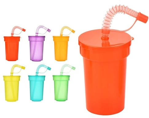 Bicchieri di Plastica con Coperchi e Cannucce,6 PCS Bicchiere con Cannuccia Bambini,Bicchieris con Cannuccia e Coperchio 380 ml Riutilizzabili Ideali per Feste,Scuola e Famiglia