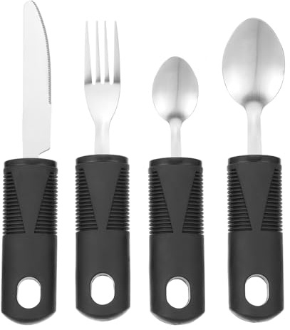 Anti Schüttel Besteck für Senioren, Edelstahl und Kunststoff, 4 Stück | Besteck für Lebensmittelhilfe, Breiter Griff, Strukturierte Oberfläche, Leicht zu Reinigen, 1, Handzittern Zufällige Farbe
