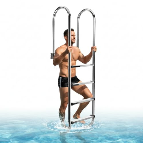 Mucola Poolleiter Schwimmbadleiter Edelstahl V2A 4 Stufen 182 cm Silber | Korrosionsbeständig gegen Poolchemikalien, breite rutschhemmende Trittflächen, stabiler Handlauf, inkl. Bolzen für Beton