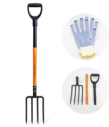 Pitch Fork for Garden, 4-Tines Garden Fork, 45-Inch Spading Fork, Heavy Duty Compost Digging Fork with Steel Handle and Enhanced D-handle, Orange