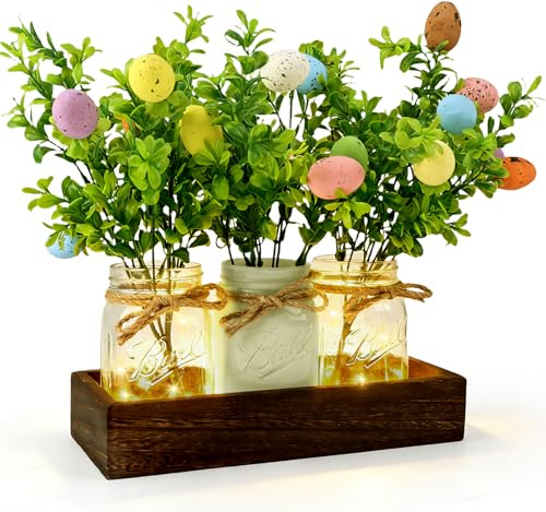 Oster-Tischdekorationen,Osterdeko Ostereierbaum mit Licht, Bunte Eier Zweig Baum Dekorationen,Oster-Tischdekoration mit Holztablett und LED-Licht, Ostereier Deko für Tischplatte,Flur,Fenster,Esszimmer