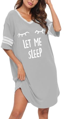 Cicy Bell Camicia da notte da donna, con scollo a V, a maniche corte, oversize, con stampa a righe, biancheria da notte con grafica stampata, grigio., M