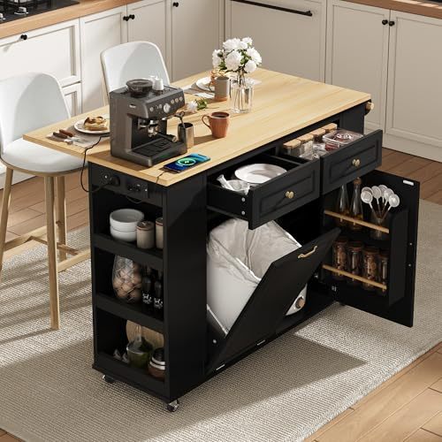 ilot Central Cuisine Desserte îlot de Cuisine sur roulettes, Meuble de Cuisine avec Plans de Travail Cuisine Rabattable, et Compartiment Poubelle, Porte-torchons, Tiroirs, Portes avec Rangement,Noir