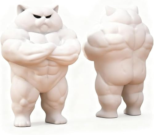 Generisch 3D-gedruckte muskulöse Katzenfigur, weiße Dekostatue, Stehende Haltung, detaillierte anatomische Gestaltung, sammelbarer Wohnaccessoire (Katze)
