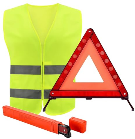 Kezidhp Triangolo Auto Omologato e Gilet Alta visibilità Set, 2-in-1 Auto & Moto, Triangolo Pieghevole, Gilet 360°
