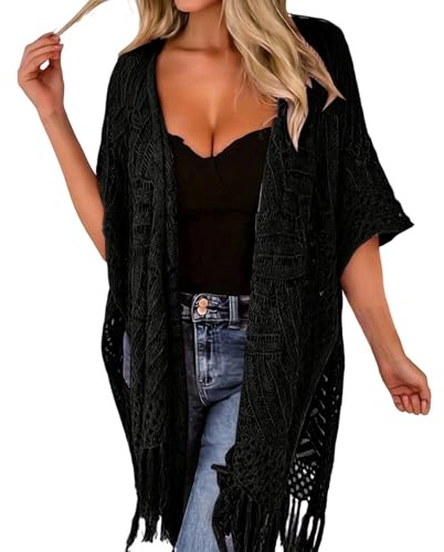 Women's Crochet Beach Cover Up Ladies Tassel Fringe Kimono Cardigan Open Front Sheer Bikini Swimwear Coverups Boho Knitted Plain Colour Summer Holiday Festival SunProtection Top