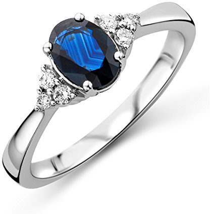 MIORE - Anillo Solitario de Oro Blanco 9 Quilates 375 para Mujer con Zafiro Ovalado Natural y Diamantes, Anillo de Compromiso con Gemas