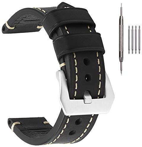 EACHE Correa de reloj para hombre de cuero genuino Crazy Horse y encerado al aceite, hecha a mano, Hebilla Negra-plateada, 26mm