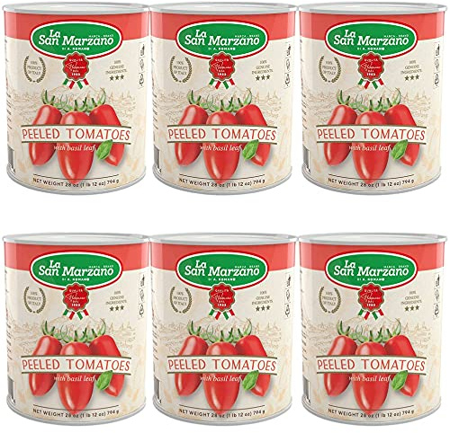 La San Marzano 6 Pack, Italian Whole Peeled Tomatoes in Puree with Basil, Non- dop, Packed in San Marzano, Product of Italy, 6 x 28 Oz can, Packed in San Marzano Region of Italy by La Regina