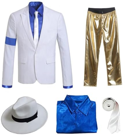 Shuanghao Adulto Disfraz Jacket Chaqueta+Pantalones+Shirt+Sombrero+Tie Ropa Costume Stripes Smooth Y Criminal Halloween Navidad Cosplay Retro Hombre Trajes(Blanco+Dorado,H:160-170CM,W:55-60KG