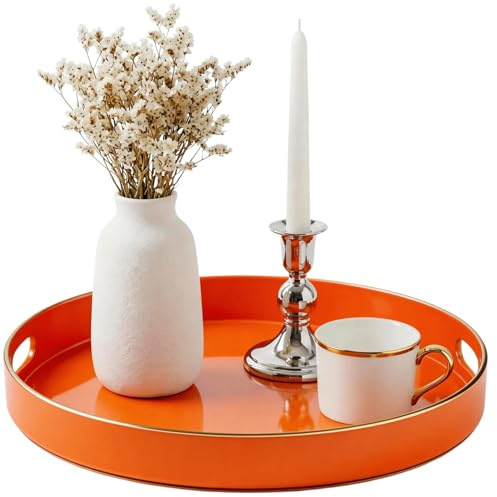 Simmer Stone Plateau décoratif, rond en plastique avec poignées, vanité moderne et service pour ottoman, table basse, cuisine et salle de bain, taille 33 cm, orange