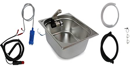 Edelstahl Spülbecken Camping Spüle Waschbecken + 12v Tauchpumpe + Wasserhahn 12v + Schläuche 1M + Schellen 325x265x150mm Barwig Wasserhahn integriert Bulliküche Wohnmobil Camper Campingbox (ad-ideen)