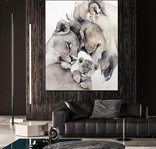 Gemälde auf Leinwand Große Poster und Drucke für Wohnzimmer Tier Löwenfamilie Abstraktes Bild für Inneneinrichtung 80x120cm (31,5x47.2in) Rahmenlos
