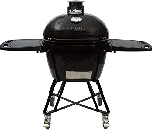 Primo Grills All-in-One Oval Large 300 Ceramic Kamado Grill with Cradle, Side Shelves, and Stainless Steel Grates - PGCLGC (2021), Black