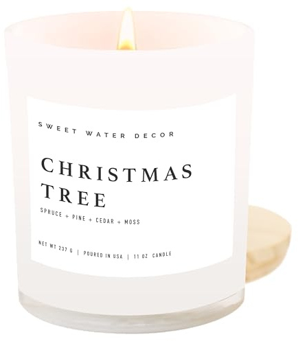 Sweet Water Decor Christmas Tree Soy Candle - Pine Needles, Cedarwood, Cypress, and Evergreen Holiday Scented Candles for Home - 11oz White Jar + Wood Lid, 50+ Hour Burn Time, Made in the USA