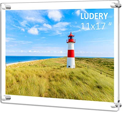 Ludery 11x17 Clear Acrylic Wall Mount Floating Frameless Picture Frame for Wall, Frameless Picture Frame Panel For Degree Certificat, Artwork，Family Portraits-1pack(Full Frame is 14.5x18.5)