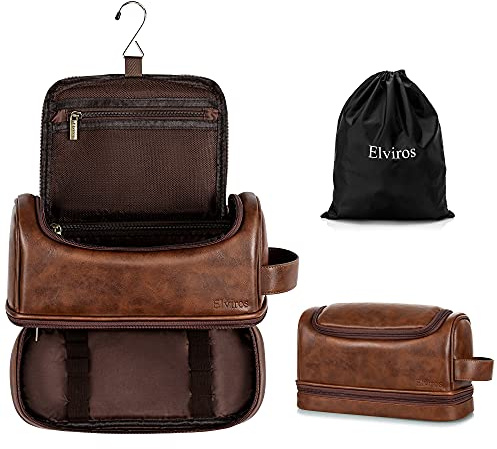 Elviros Large PU Leather Hanging Toiletry Bag for Men Double-Layer | Water-Resistant, Swivel Metal Hook, 30.5x12x18cm, Includes Shoe Bag, Unisex