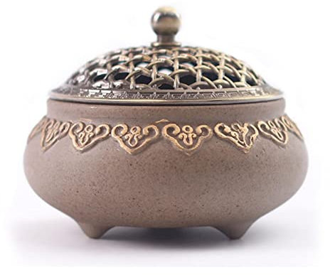 GizellMG Porte-encens Rond Encensoir Brûle-encens Récipient Céramique avec Tapis Réfractaire Déco de Bureau pour Yoga Méditer Salon de Thé Bouche de 8CM Gris