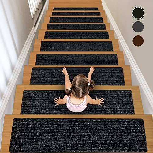 Lacut Non-Slip Stair Treads, 7.8 X 30 (7-Pack) Stair Runner Indoor Outdoor Mat, Black Slip Resistant Stair Tread Mats Step Covers Pads for Elders, Kids and Pets (30 x 7.8, Black)