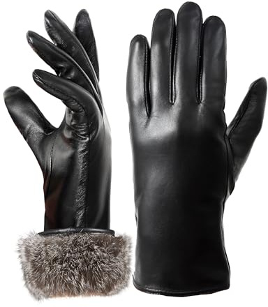 Neiicty Super Warm Fur Lined Leather Gloves Women Touchscreen Texting Driving Gloves Simple Classic Style Black Large