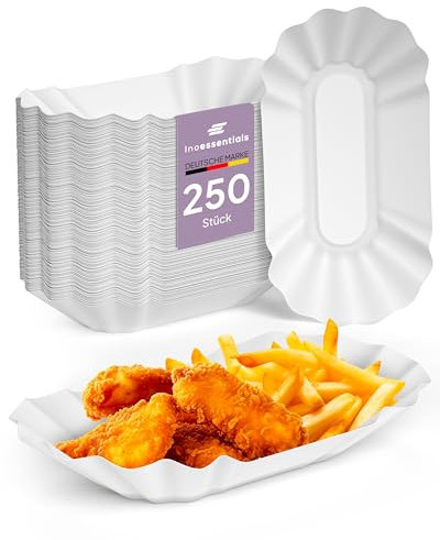 Inoverse 250 Stück Pommesschalen, Pappteller Weiß Einweg 20 x 10 x 3 cm, Umweltfreundlich Pappschalen, Currywust Pommes Papierteller, Einwegteller aus Pappe, Einweggeschirr, Partyteller, KU1