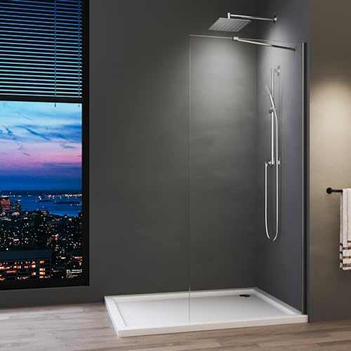 Walk in Duschabtrennunge 90x185 cm Walk-In Dusche mit Stabilisator 6 mm Nano Sicherheitsglas Duschtrennwand auf Duschtassen oder Boden montierbar,Ohne Duschwanne