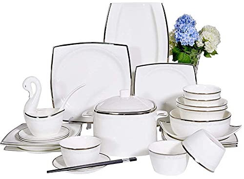 Fine Crockery Set, White Porcelain Crockery Set, Ceramic Plates And Bowl Sets, Vintage Lounge Round Crockery Set Dinner Plates For Kitchen/Dining Room, Service For 10 (60 Pieces)