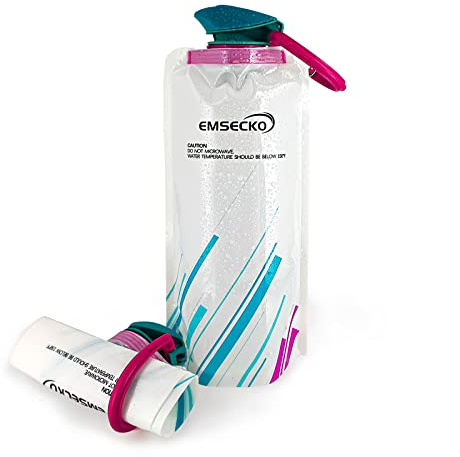 EMSECKO Trinkflaschen mit Karabiner wiederverwendbare wasserflasche, zusammenklappbar, wasserbeutel BPA Wasser-Flasche 0,7 Liter, Behälter/Beutel/Trinkblase für Festival/Outdoor Camping