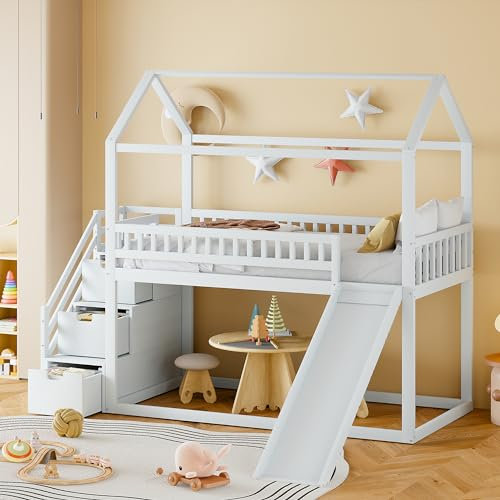 KUAKE Letto a castello per bambini, 90 x 200 cm, letto a soppalco, con scivolo e scala di stoccaggio, struttura di recinzione alta, telaio in legno massello, rete a doghe