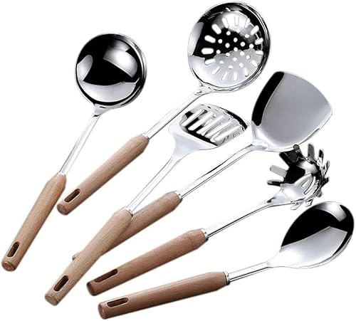 Utensilios de cocina, juego de utensilios de cocina, espátulas, 6 piezas, utensilios de cocina de acero inoxidable, mango de madera, juego de herramientas de cocina, cuchara giratoria for restaurante,