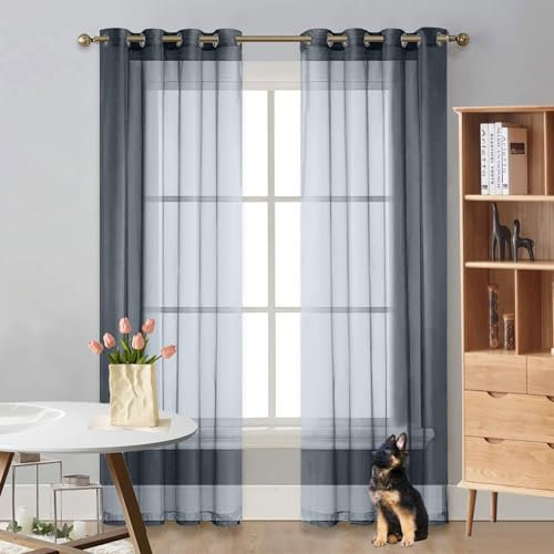 LIUNADM Verdunkelungsvorhang 175 x 245 cm Wärmeisolierend, Ösenvorhang Querbehang Gardine Durchsichtig Tüllstoff für Wohnzimmer Landhaus Kleine Fenster, Grau