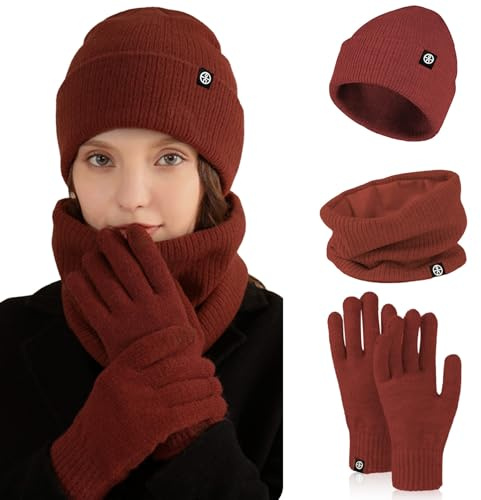 Nenkarn Mütze, Schal & Handschuh-Sets für Damen, 3-in-1 Mütze und Schal Set für Frauen, Dicke Fleece Touchscreen Handschuhe Strickmütze Kaltwetter Accessoires Sets (Burgunderrot)