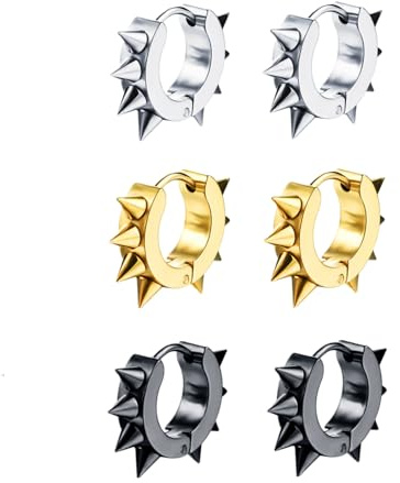 Men Women Rivets Hoop Earrings Stainless Steel Spikes Awl Piercing Taper Huggie Hinged Earrings Set