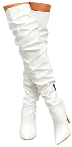 ticticlily Damen High Heels Gemütlich Oberschenkel Stiefel Plateau D Weiß 38 EU