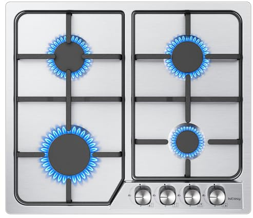 IsEasy Plaque de Cuisson Gaz 4 Feux Inox, Plaque Gaz 4 Feuxs Encastrable, Table de cuisson 7200W, Avec Supports en Fonte, Gazs Ville et Bouteille